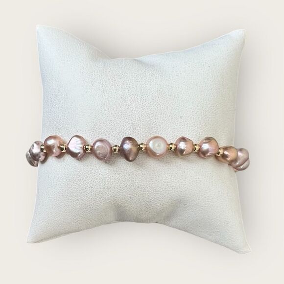 Pink faux pearls adjustable bracelet gold plated beads - Picture 2 of 5